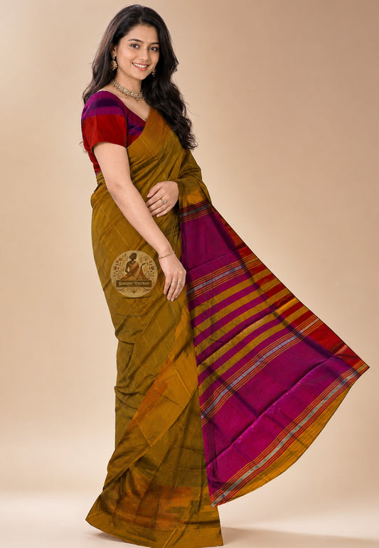 Side view of Bishnupur Katan Silk Saree showing the graceful fall and structured drape, ideal for Durga Puja, Bengali weddings and festive celebrations