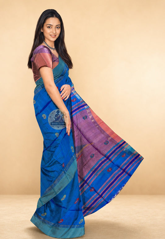 Close-up of Bishnupur Pure Katan Silk Saree texture showing lustrous silk weave and traditional motifs – premium handloom saree