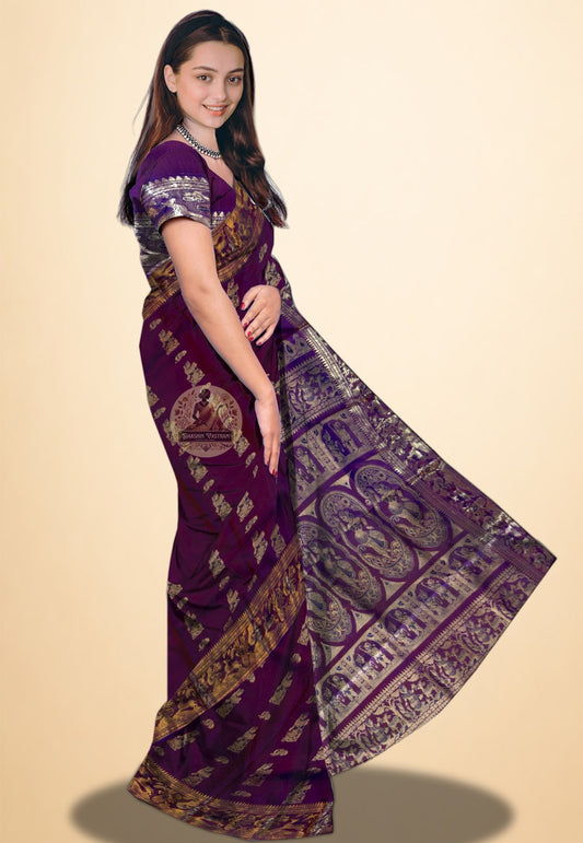 Traditional Bengal Swarnachari saree — intricate gold thread motifs on lustrous handwoven silk
