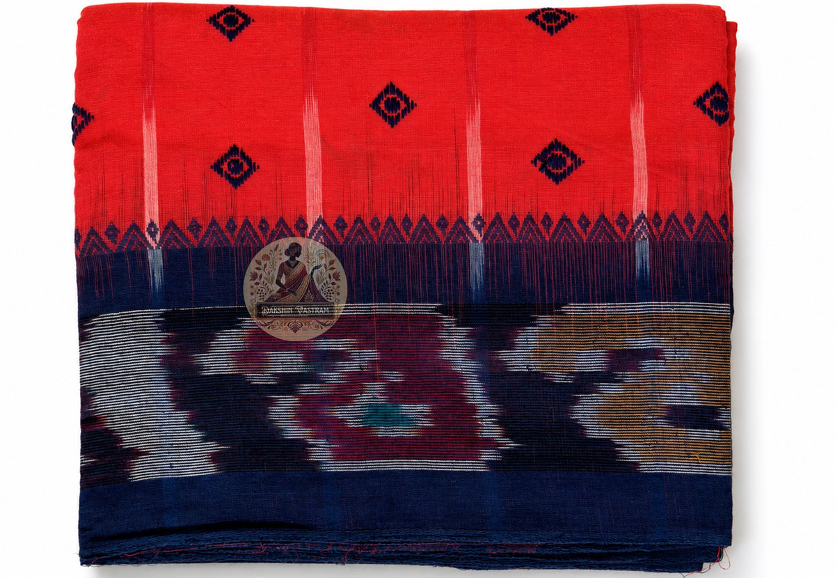 Full length view of pure cotton handloom saree without blouse, displaying complete body, border, and pallu rooted in Indian textile tradition