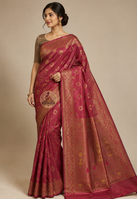 Side view of handwoven Banarasi Muga Tussar Saree showing elegant fall and body of natural golden silk with zari border detail