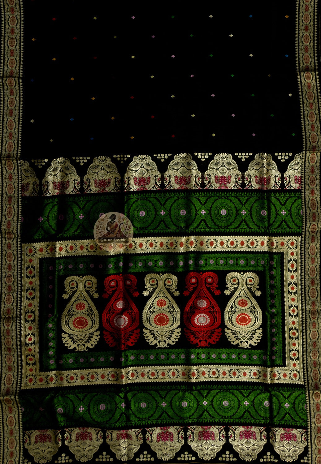 Close-up of pure silk weave on Baluchari saree showing natural lustre and fine thread detailing