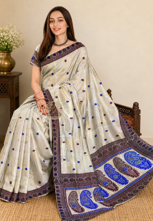 Side profile of rare handwoven Bishnupur Baluchari Silk Saree showing extraordinary full-length drape and exceptional luminous natural silk sheen — the rarest work of Bishnupur's finest looms