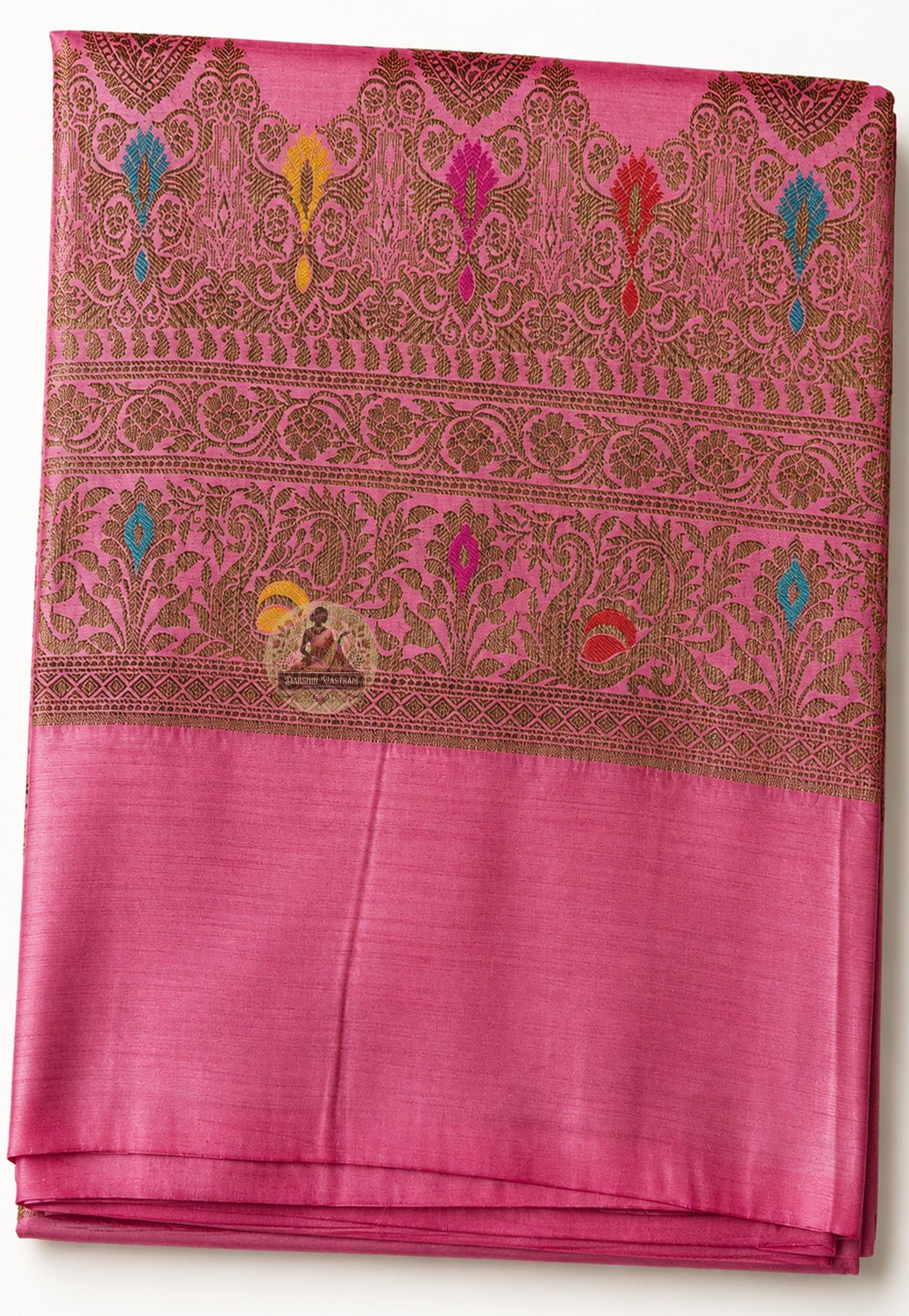 Detailed close-up of Banarasi pallu on Muga Tussar Saree with handwoven zari jaal, traditional paisley butis and floral border crafted on Varanasi looms