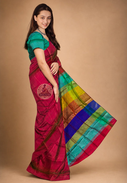 Side view of Bishnupur Katan Silk Saree showing the natural fall and graceful drape, perfect for Durga Puja, Bengali weddings and festive celebrations across India