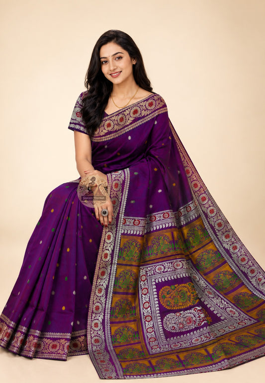 Side profile of masterpiece handwoven Bishnupur Baluchari Silk Saree showing exceptional full-length drape and luminous natural silk sheen — the work of a master craftsman at the height of his skill
