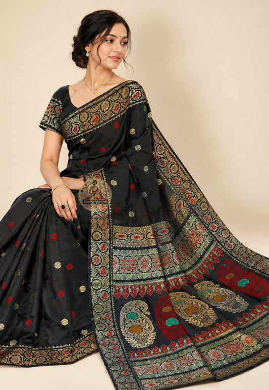 Side profile of premium handwoven Bishnupur Baluchari Silk Saree showing graceful full-length drape and exceptional natural silk sheen — crafted on traditional Bengal looms over weeks