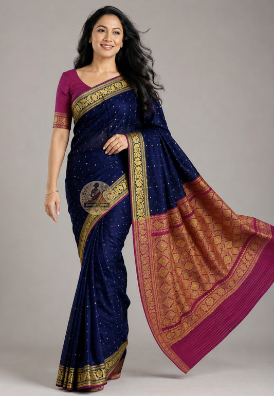 Side view of Bishnupuri pure katan silk saree – composed silhouette with architectural pleats in handwoven Bengal katan silk, premium ethnic occasion wear by Dakshin Vastram