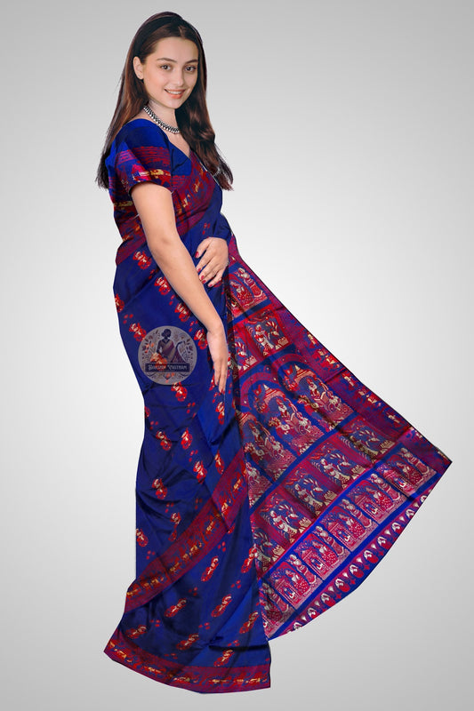 Authentic Bishnupur Baluchari saree in slate blue with hand-woven narrative motifs and uncut zari border