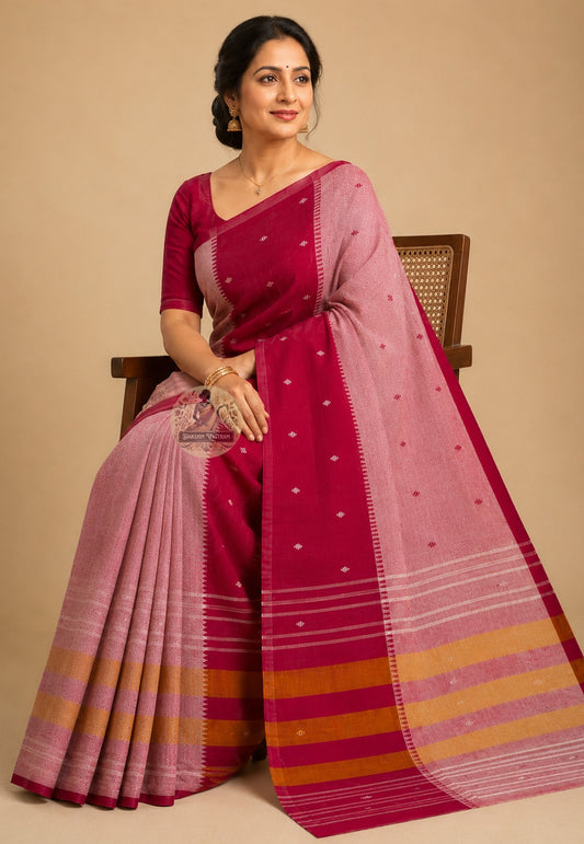 Side view of pure cotton handloom saree showing natural drape, breathable fabric, and graceful fall for everyday wear