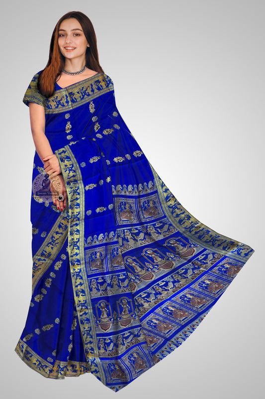 Buy Baluchari Pure Silk Saree online – Front view showcasing mythological pallu