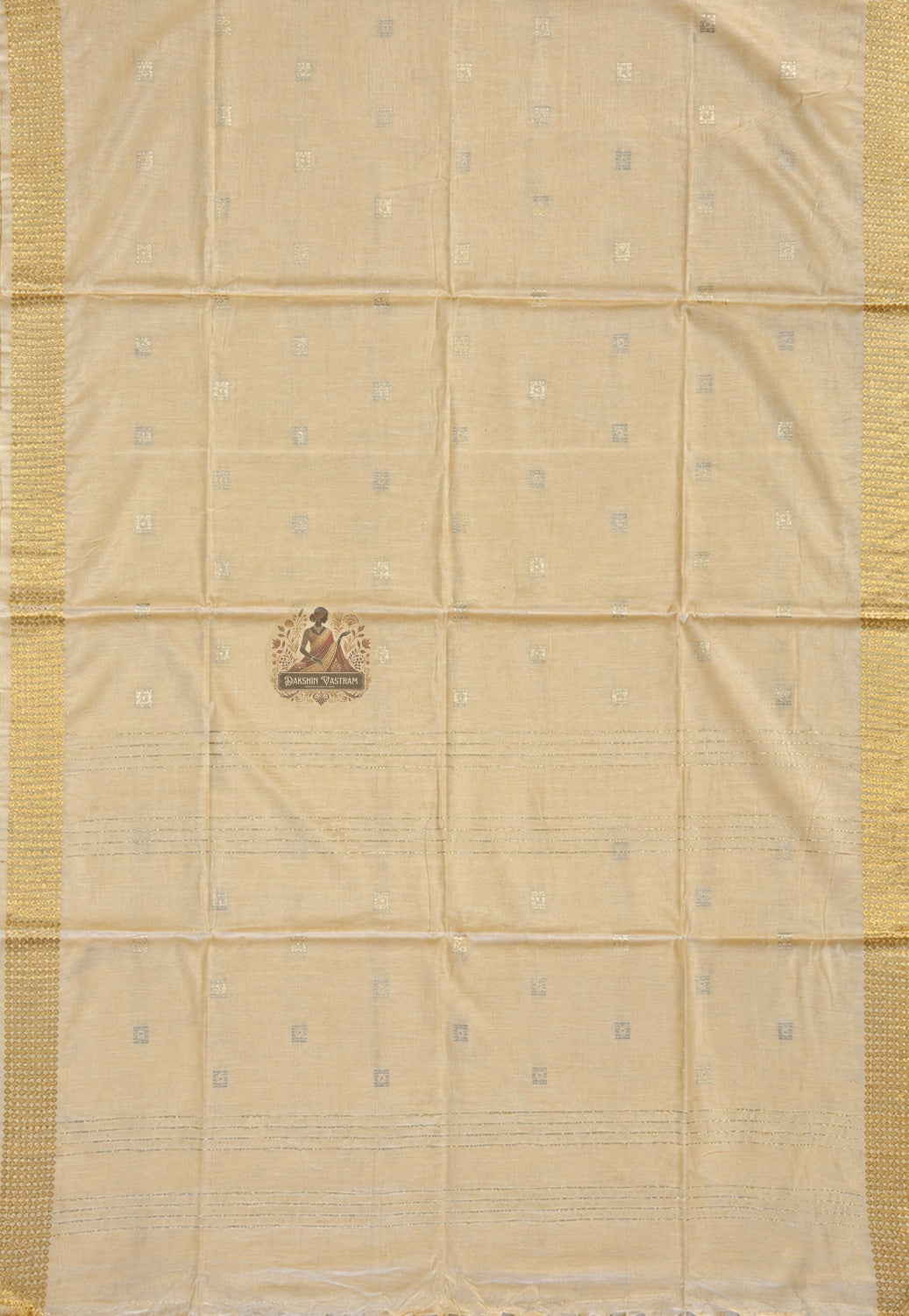 Full length view of pure cotton handloom saree without blouse, displaying complete body, border, and pallu for festive occasions