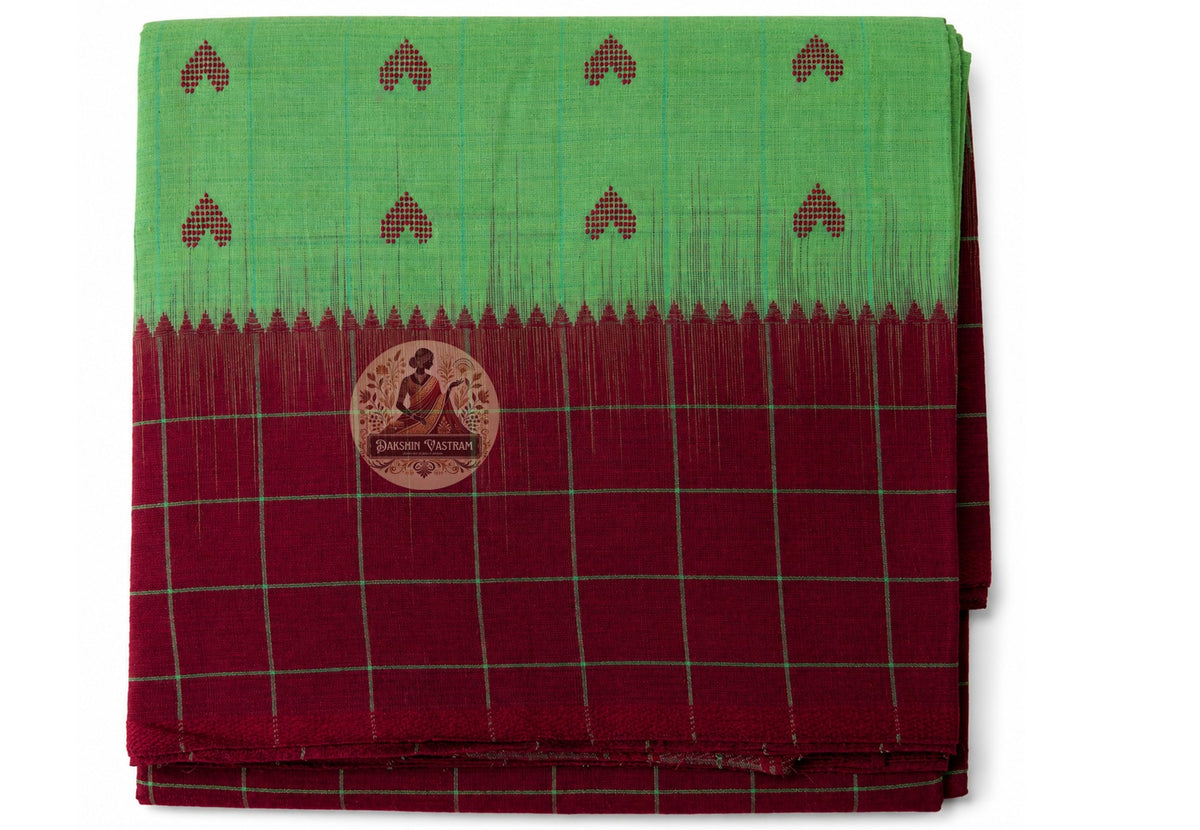 Full length view of pure cotton handloom heritage saree without blouse, displaying complete body, border, and pallu for gifting and festive occasions