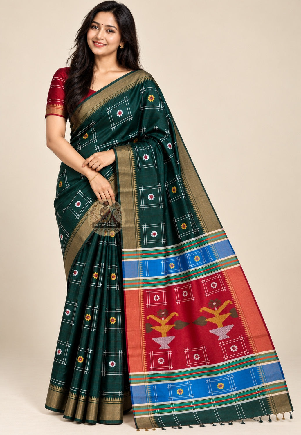 Front view of Bishnupur Katan pure silk saree with traditional Bengal buti motifs, handwoven on pit loom for women who wear handloom with intention