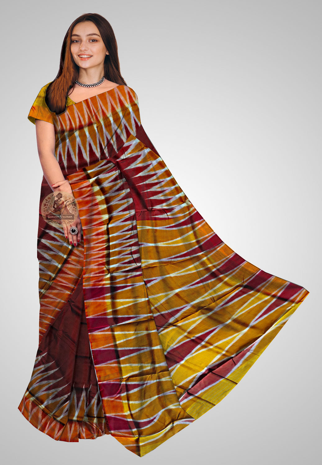 Handcrafted Silk Kotki Saree – Front view displaying traditional pleats