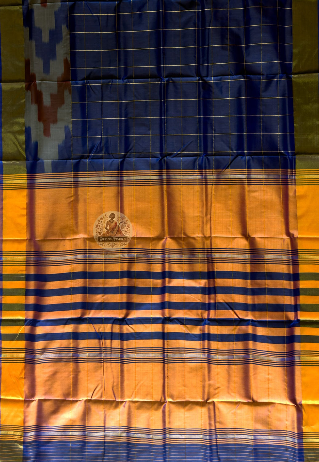 Full flat-lay of Bishnupur Pure Katan Silk Saree displaying the complete handloom weave, woven border and richly patterned pallu — handwoven in Bishnupur, West Bengal