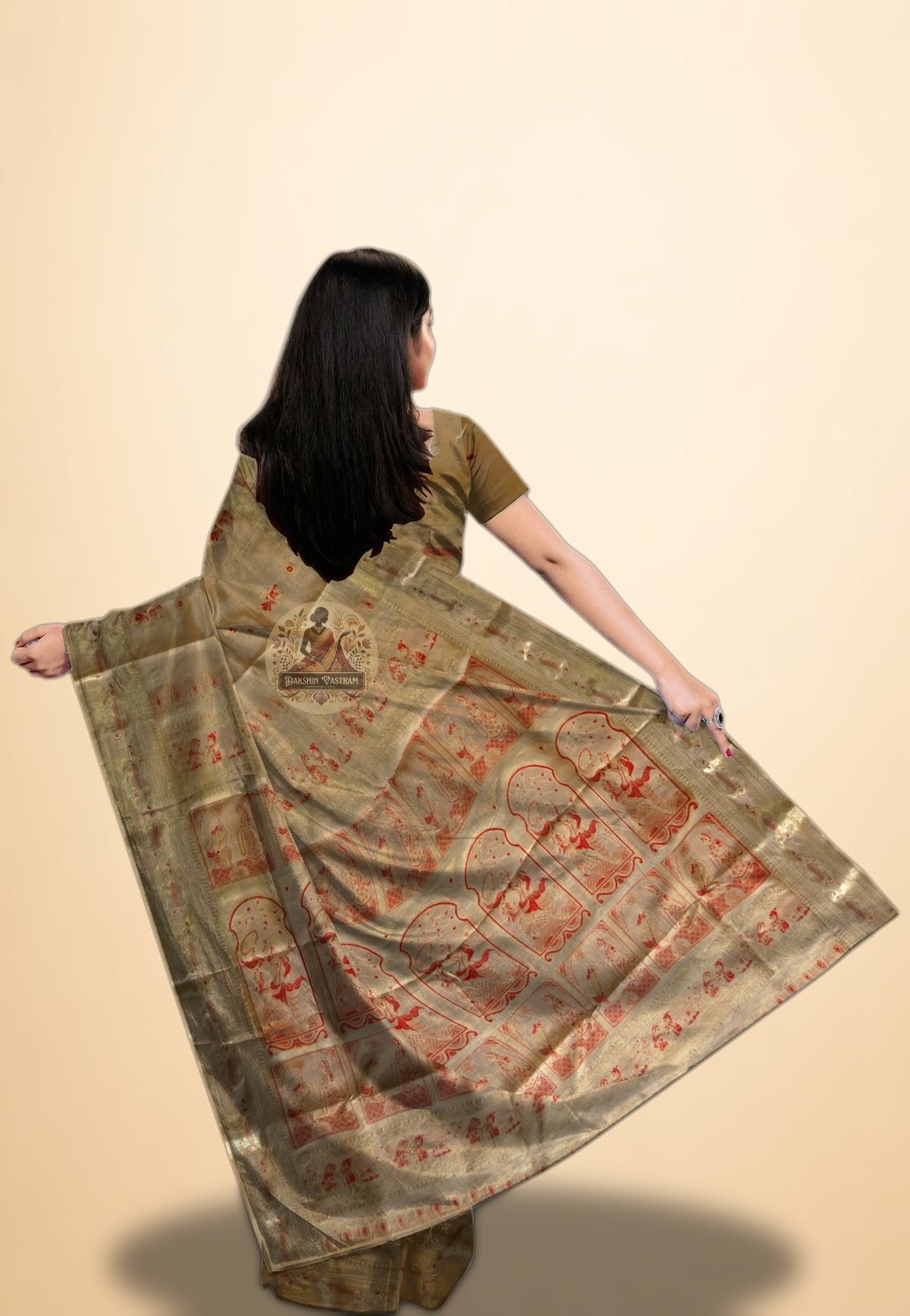 Indian woman in full drape of Swarnachari pure silk saree with golden pallu — buy online UK