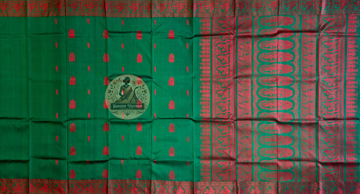 Premium Baluchari saree in dusky rose with intricate zari storytelling border and traditional Bengali pallu