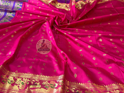 Bengal festive Swarnachari Saree with goddess motifs on gold pallu – pandal-ready, pan-India delivery