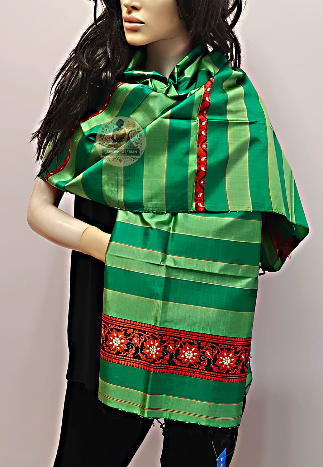 Buy Green & Red Pure Silk Stole online – Green & Red full view