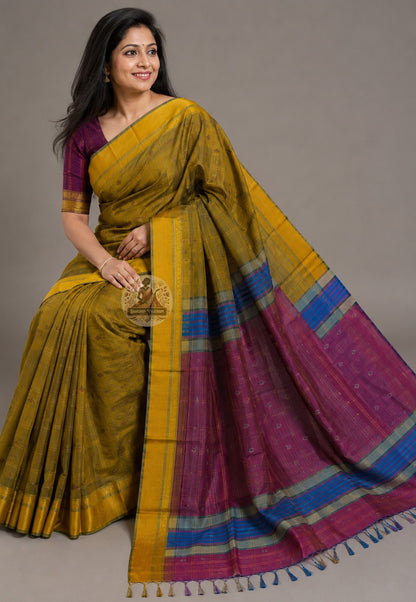 Bishnupur Pure Katan Silk Saree rear view – full drape revealing extraordinary density and luminous colour depth of premium Katan silk, a once-in-a-lifetime heirloom piece
