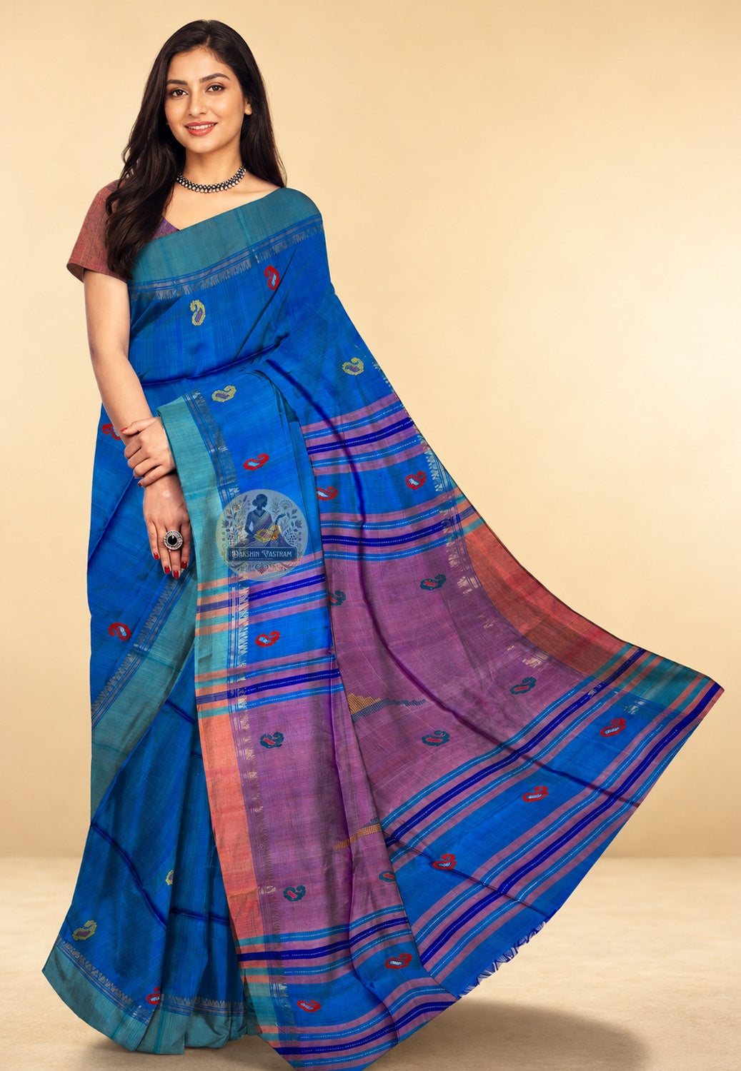 Bishnupur handwoven Pure Katan Silk Saree in rich drape – heritage Bengal weave for weddings and festivals | Dakshin Vastram
