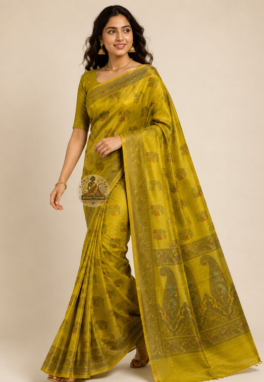 Side view of handwoven Muga Tussar Banarasi Saree showing rich drape and textured fall of natural golden silk