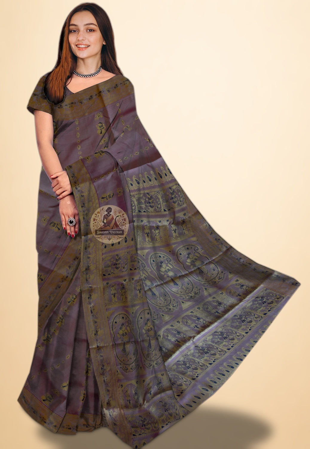 Bengal Baluchari pure silk saree with epic narrative pallu — Dakshin Vastram, UK delivery