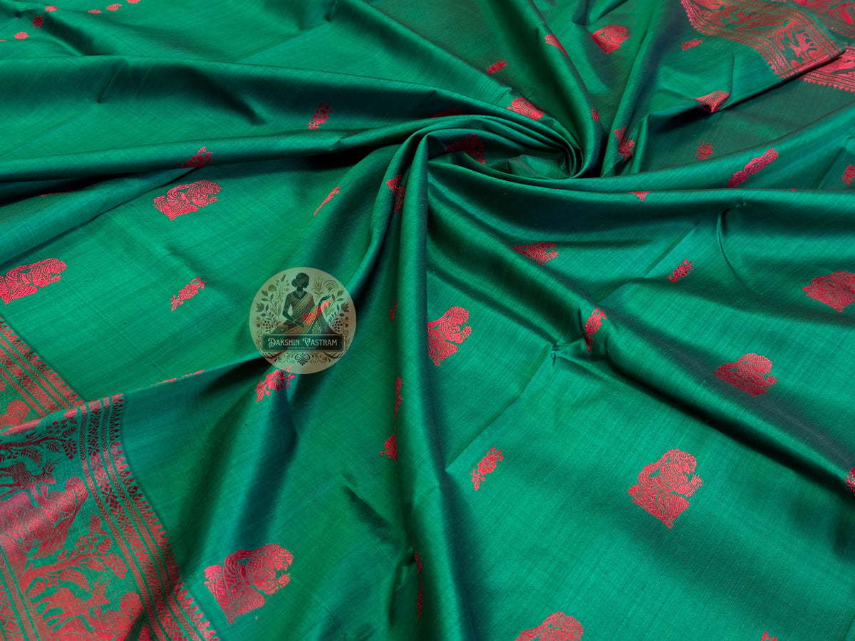 Heritage Baluchari saree in champagne ivory with intricate Mughal-era panels and deep maroon border