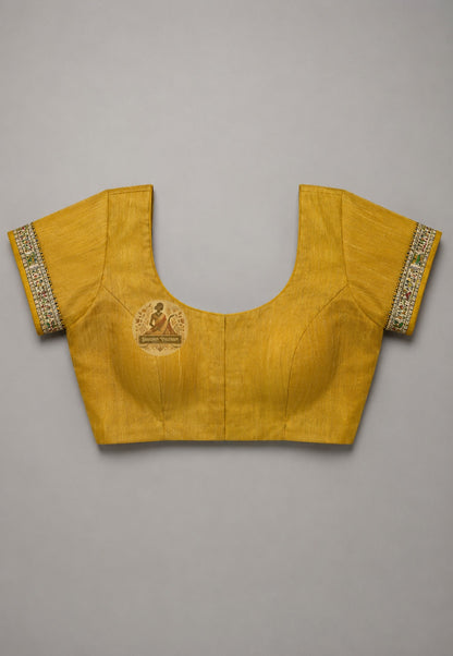 Close-up of blouse piece from Ghicha Tussar Silk Saree, highlighting the distinctive slubbed Ghicha silk texture, natural warmth and authentic handwoven character