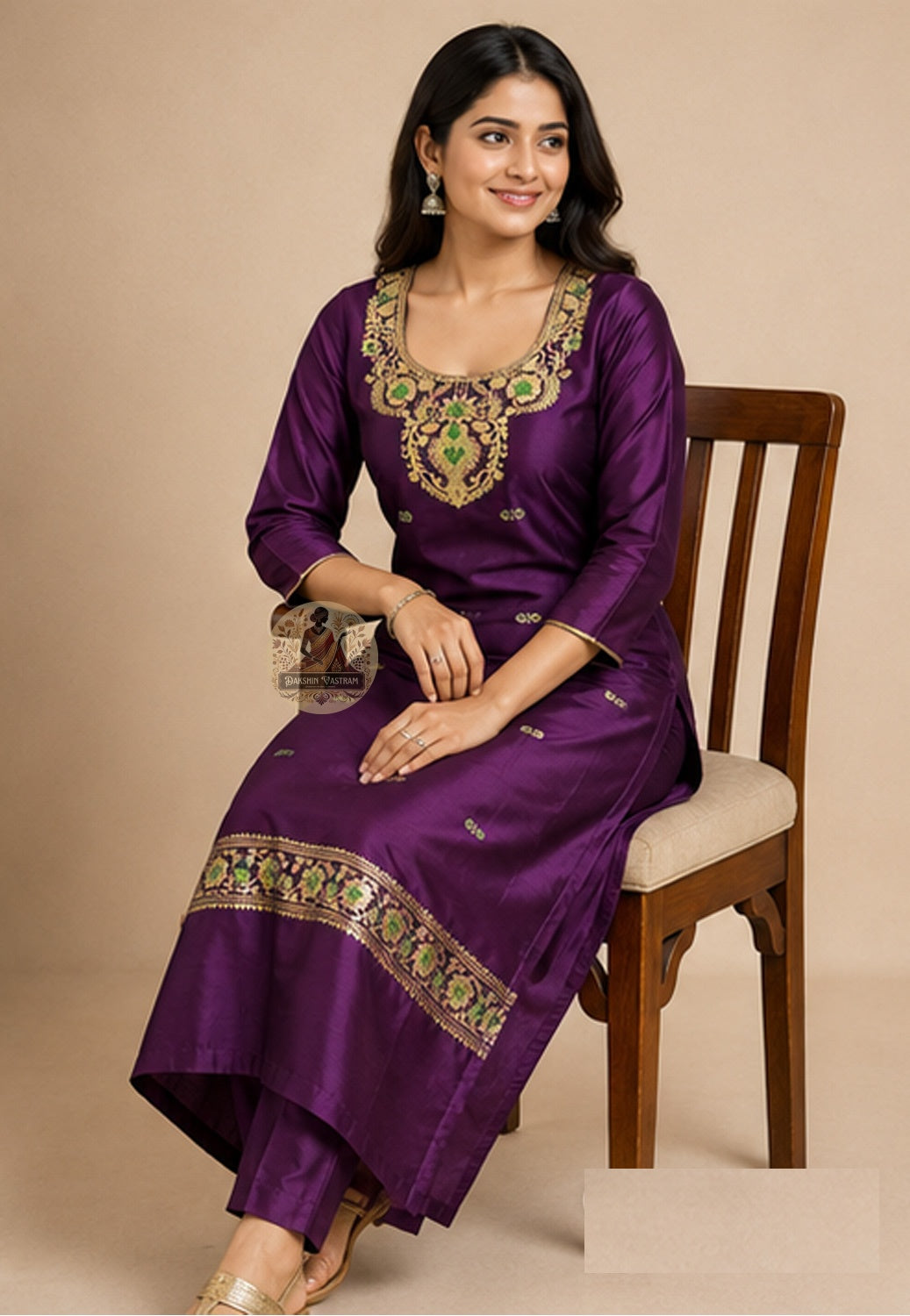 Natural silk sheen and fluid drape of handloom Violet Baluchari Mulberry silk unstitched kurti piece – Dakshin Vastram