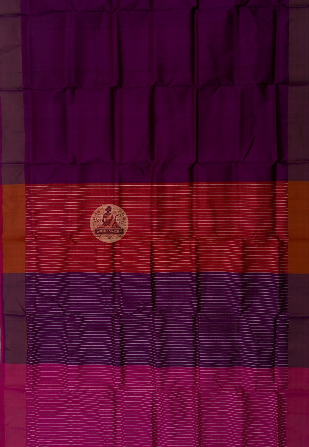 Full flat-lay view of Bishnupur Pure Katan Silk Saree showing complete handwoven silk body, traditional Bengali motif border, and richly detailed pallu — part of Durga Puja 2026 Collection