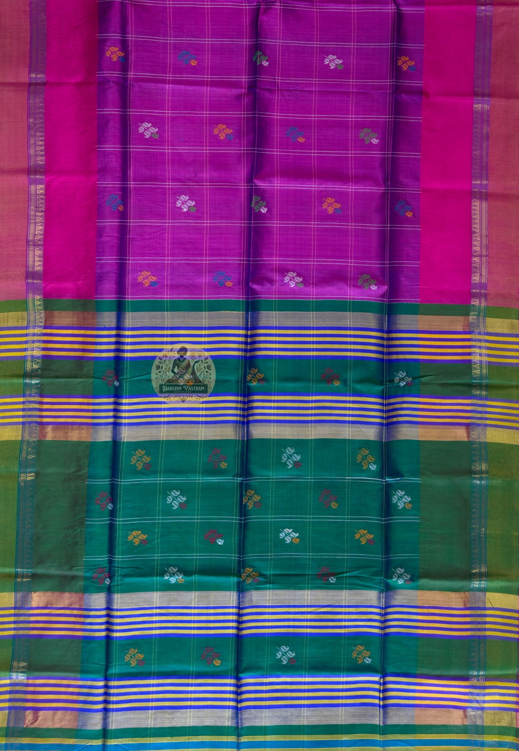 Full view of Bishnupuri handwoven katan silk saree in complete drape – timeless elegance and quiet confidence for Diwali, weddings and cultural celebrations worldwide