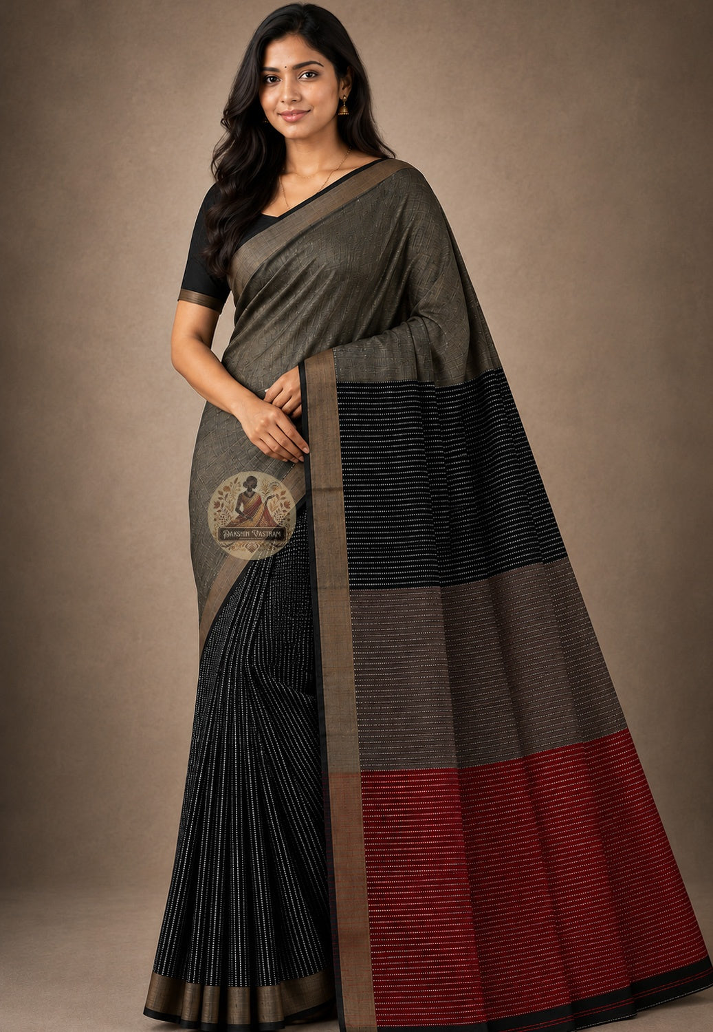 Side view of Bishnupur Katan Silk Saree showing the structured graceful drape and rich colour depth of pure handwoven Katan silk with traditional Bengali motifs along the border