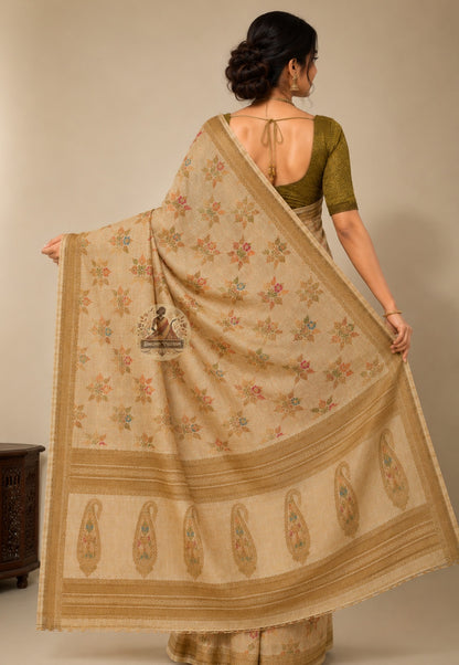 Full flat-lay of Banarasi Muga Tussar Saree in natural golden Muga silk showing complete zari pallu, border and saree body — perfect for Durga Puja, Diwali, Navratri and weddings across Kolkata, Varanasi, Delhi and Mumbai