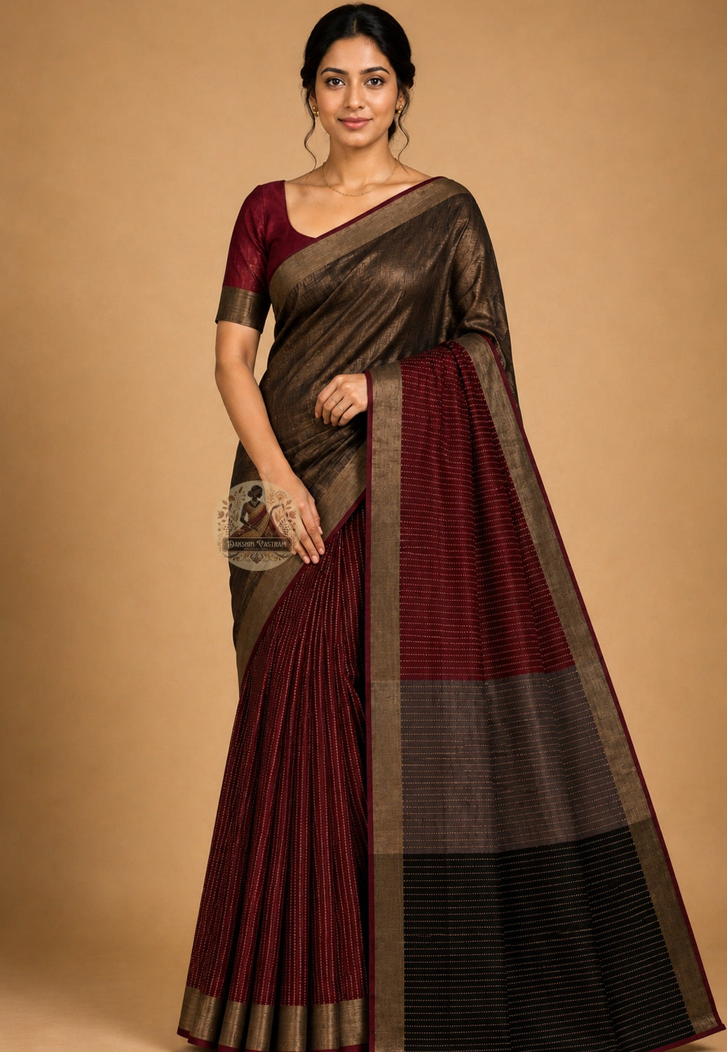 Front view of Bishnupur Katan Silk Saree draped on model, showcasing handwoven Bengali artistic motifs and the rich structured drape of pure Katan silk from West Bengal's heritage town