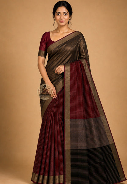 Front view of Bishnupur Katan Silk Saree draped on model, showcasing handwoven Bengali artistic motifs and the rich structured drape of pure Katan silk from West Bengal's heritage town