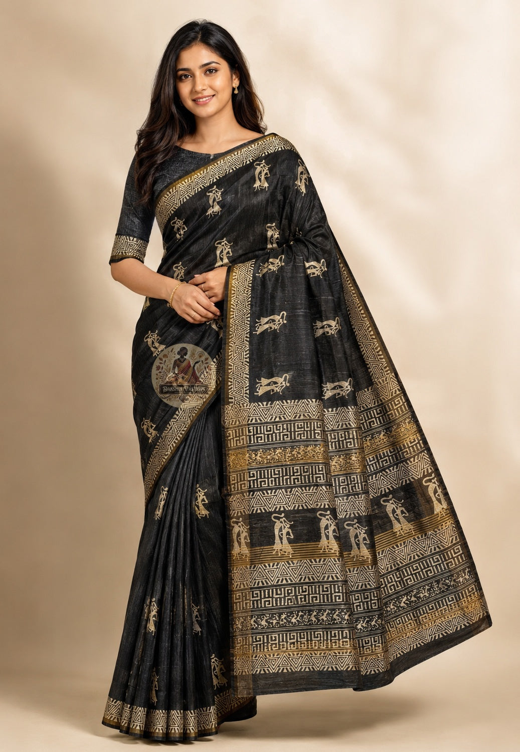 Front view of Ghicha Tussar Silk Saree in warm sand natural tone, handwoven wild silk draped on model, perfect for Chhath Puja sunrise in Patna and Durga Puja ashtami in Kolkata
