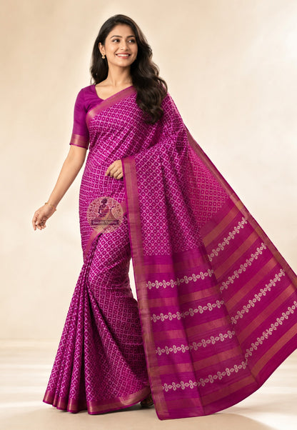 Side view of handwoven Ghicha Tussar Silk Saree showing unhurried drape and textured raw silk fall, ideal for Ugadi gatherings in Bengaluru and Navratri evenings in Surat