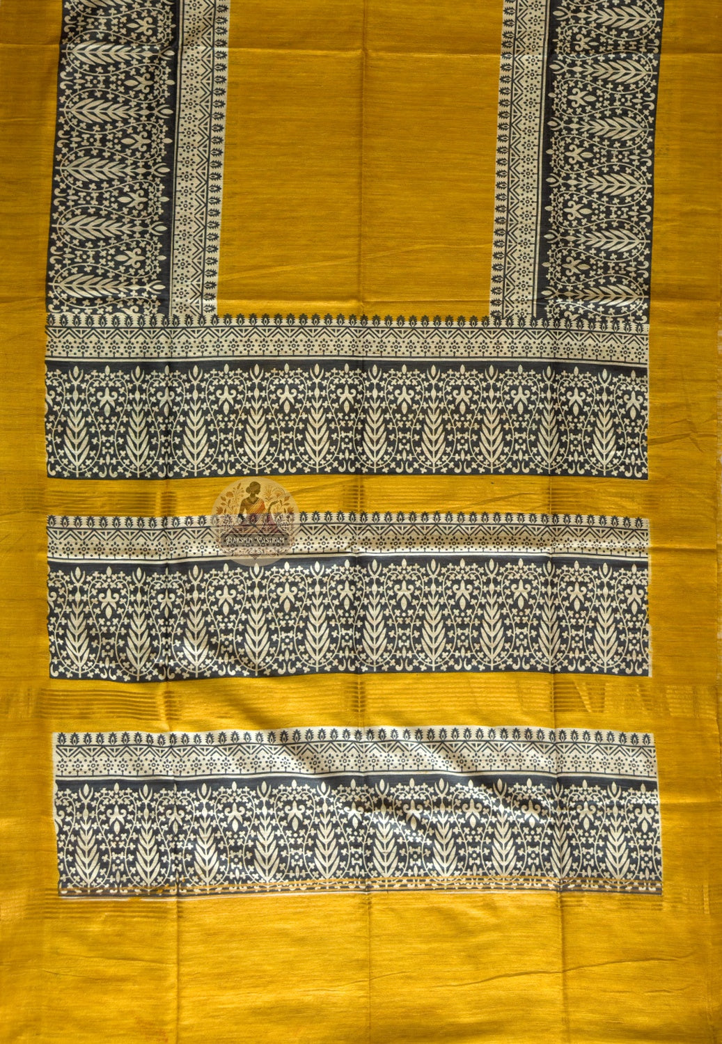 Full view of Ghicha Tussar Silk Saree laid flat showcasing complete handwoven fabric with natural raw silk finish, a timeless heirloom saree for Lohri, Sankranti and Indian weddings