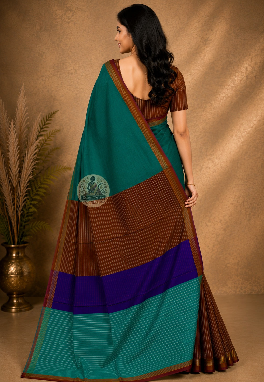 Rear view of Bishnupur Pure Katan Silk Saree displaying the richly handwoven pallu with traditional Bengali temple and nature-inspired motifs from Bishnupur's celebrated weaving heritage