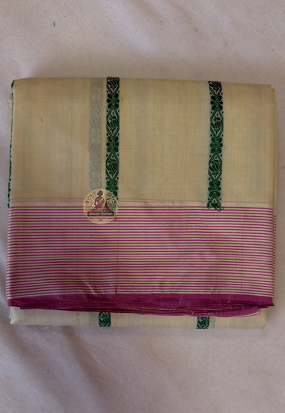 Full flat lay of West Bengal Tussar silk saree in autumn harvest gold showing woven geometric lattice border and wild silk body texture — Dakshin Vastram