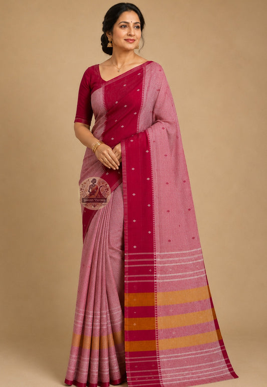 Front view of all-season pure cotton handloom saree without blouse piece, ideal for Durga Puja, Bihu and festive occasions across India