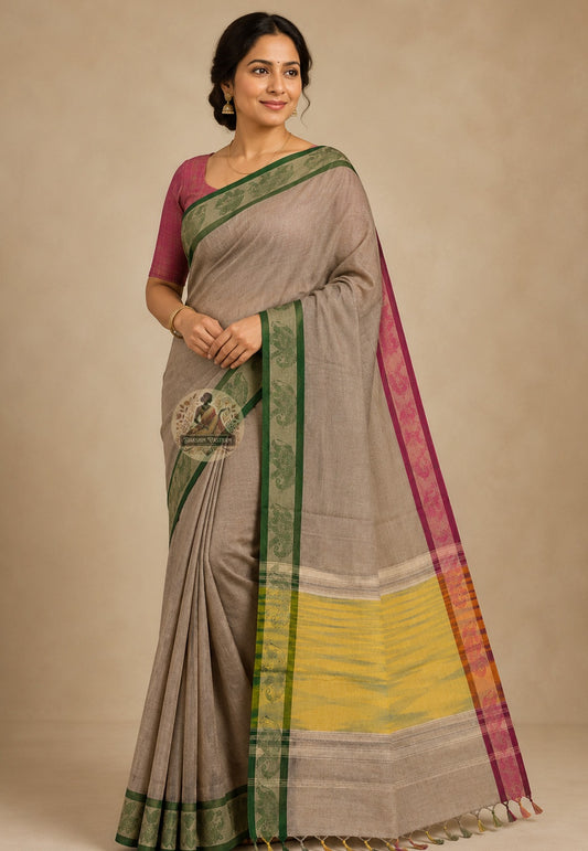 Front view of pure cotton handloom saree without blouse piece, a thoughtful gifting choice for Teacher's Day, retirement and festive occasions across India