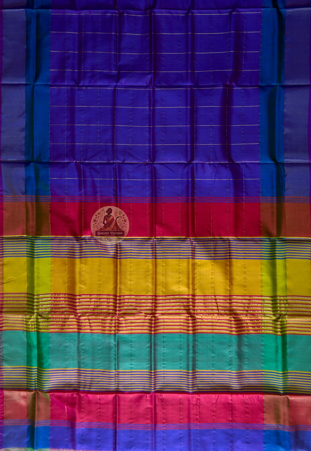Full flat-lay of Bishnupur Pure Katan Silk Saree showing the complete handloom weave, woven border and richly patterned pallu — handwoven in Bishnupur, West Bengal