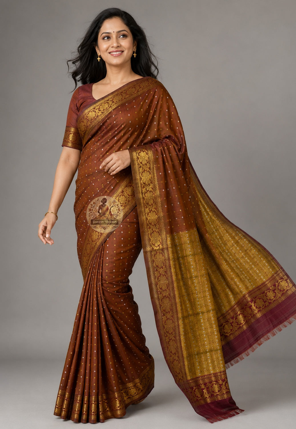 Side view of Bishnupuri pure katan silk saree – cultural identity in handwoven Bengal katan silk, graceful silhouette for festive and bridal occasions by Dakshin Vastram
