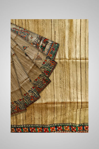 Buy Natural Tussar Saree – Close-up of handcrafted fabric details