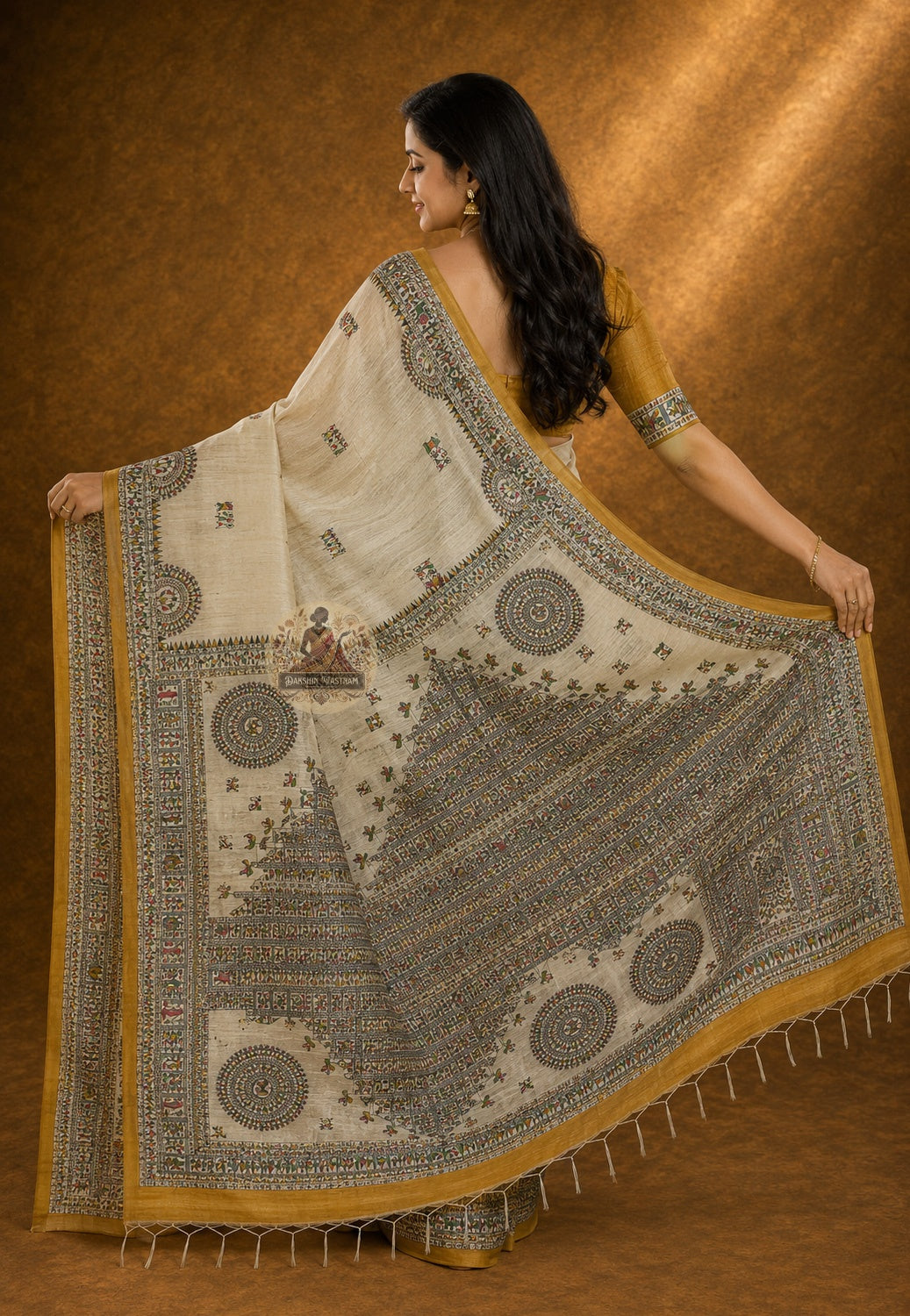 Detail shot of Ghicha Tussar Silk Saree pleats and drape, capturing the earthy character and natural elegance of handwoven Tussar silk — beauty that needs no adornment