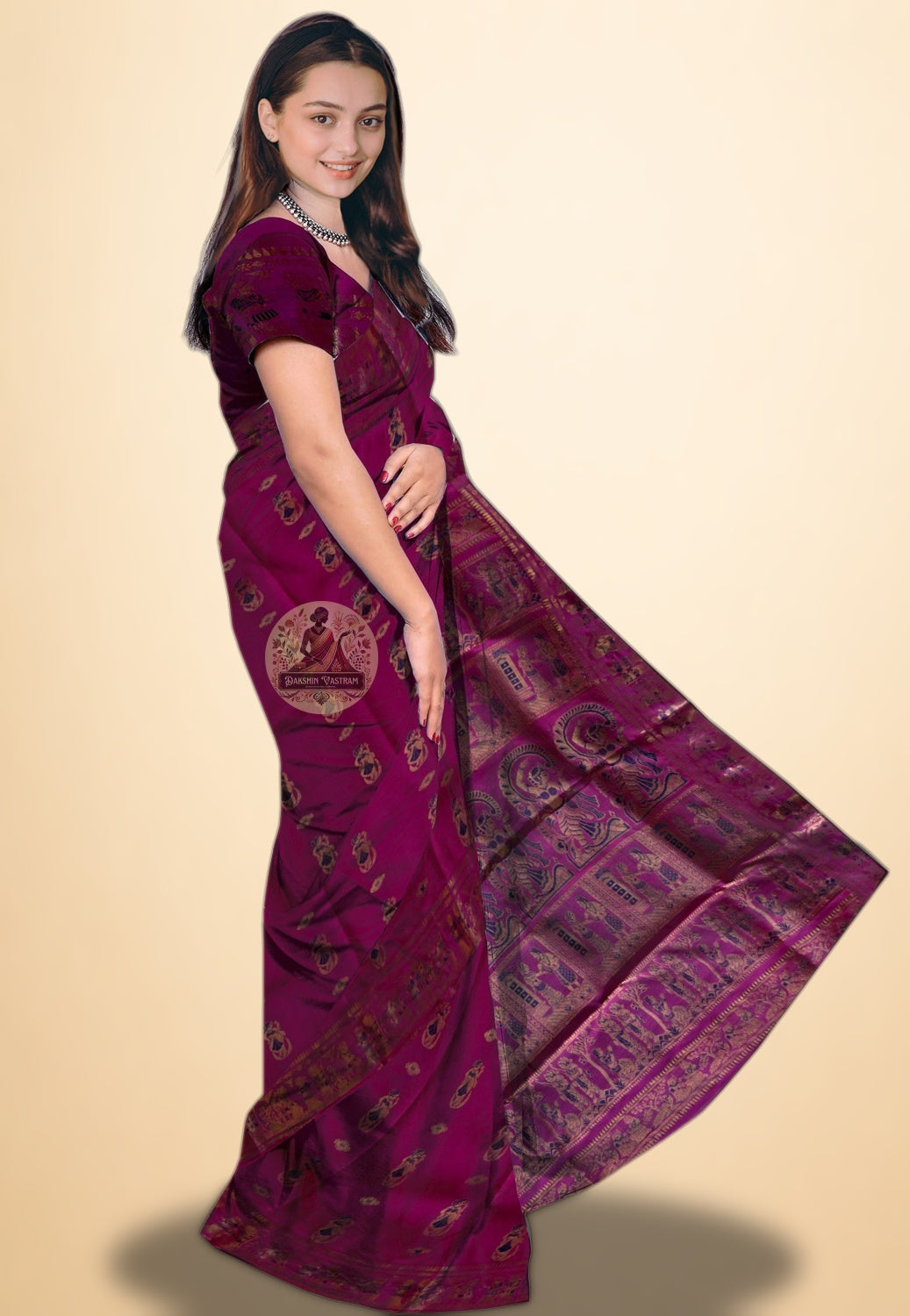 Close-up of intricate zari weave on Swarnachari Bengal silk saree — buy online in the UK