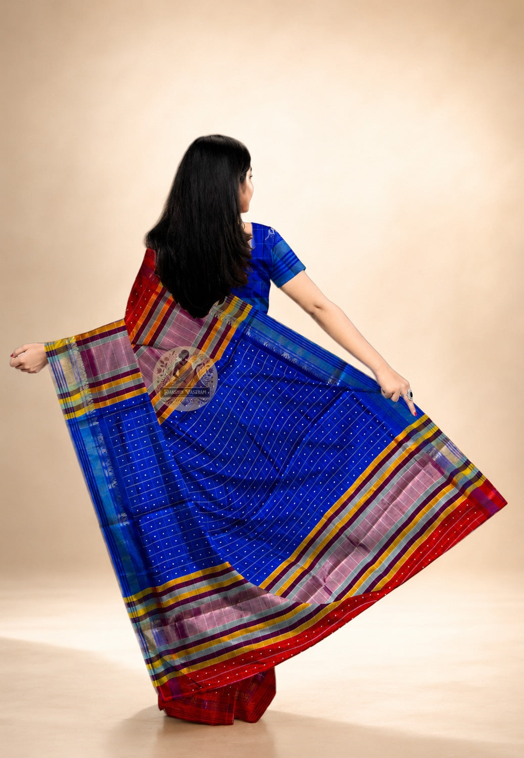 Bishnupur Silk Bindu Buti Saree rear view – full drape revealing handwoven dot motifs that catch light at every angle on pure silk, a sensory masterpiece of Bengal craft